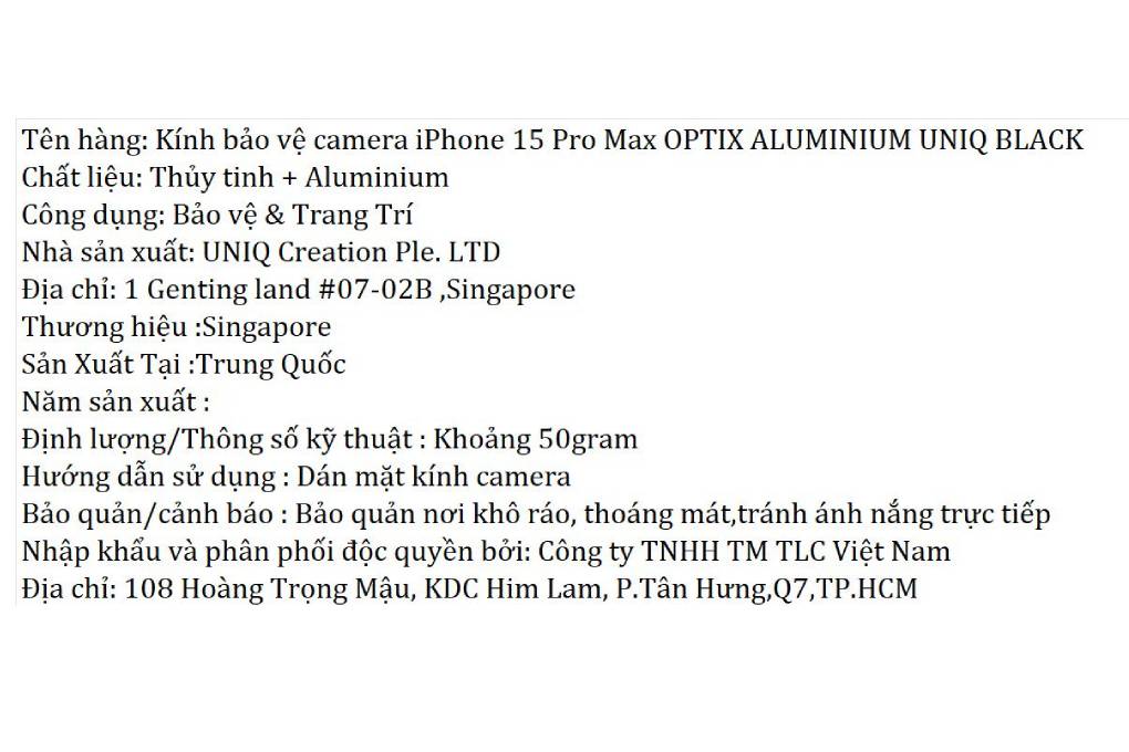 Miếng dán camera iPhone 15 Pro Max OPTIX ALUMINIUM UNIQ Màu Đen