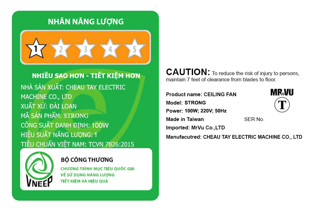 Quạt trần Mr.Vu 5 cánh Strong 100W Màu Nâu