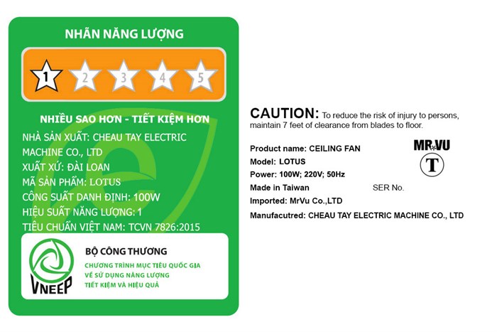 Quạt trần Mr.Vu 5 cánh Lotus 100W Màu Nâu