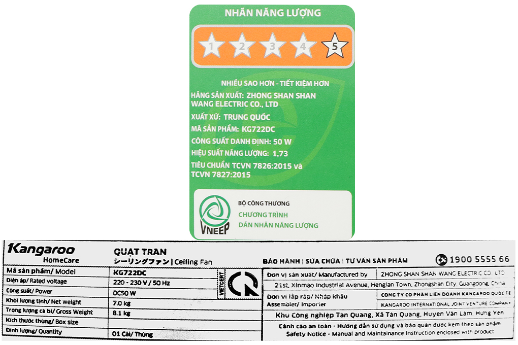 Quạt trần Kangaroo 5 cánh KG722DC 50W Màu Trắng