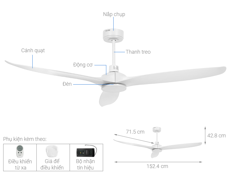Quạt trần Benny 3 cánh BDC60RM 33W Trắng
