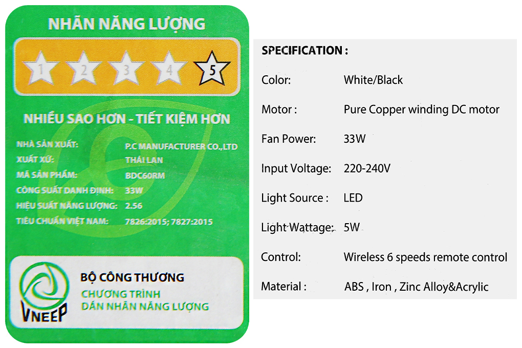 Quạt trần Benny 3 cánh BDC60RM 33W Trắng Màu Trắng