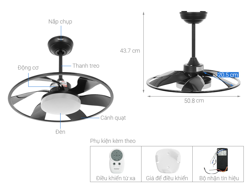 Quạt trần Benny 6 cánh XUFO22T 18W Đen
