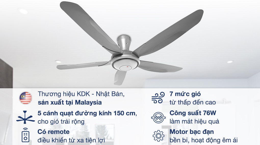 Quạt trần KDK 5 cánh V60WK(GY) 76W