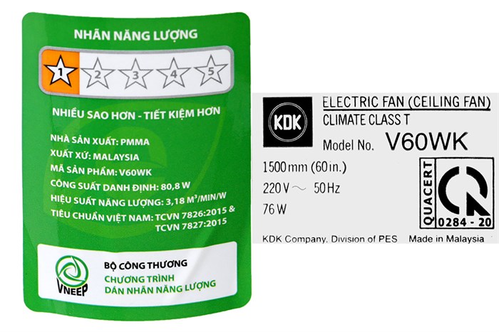 Quạt trần KDK 5 cánh V60WK(GY) 76W Màu Xám