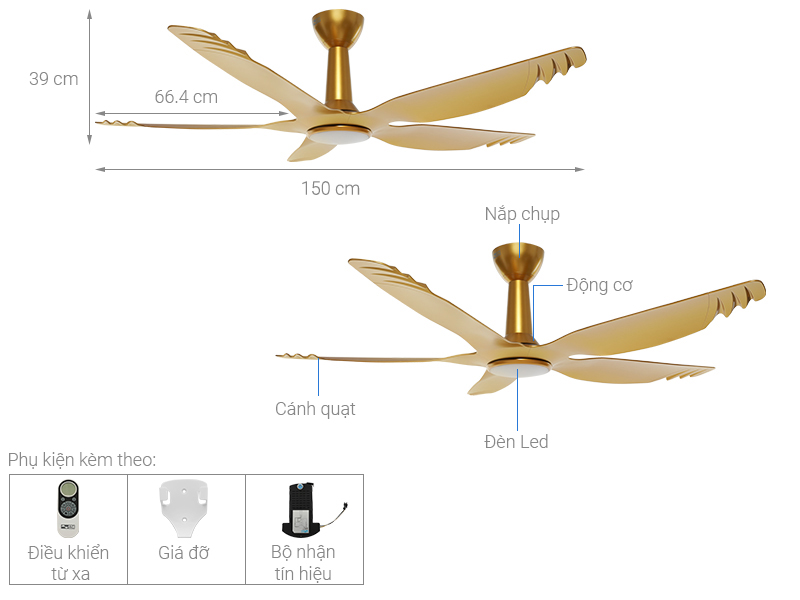 Quạt trần AC 5 cánh DC inverter ACF04D605 50W Vàng