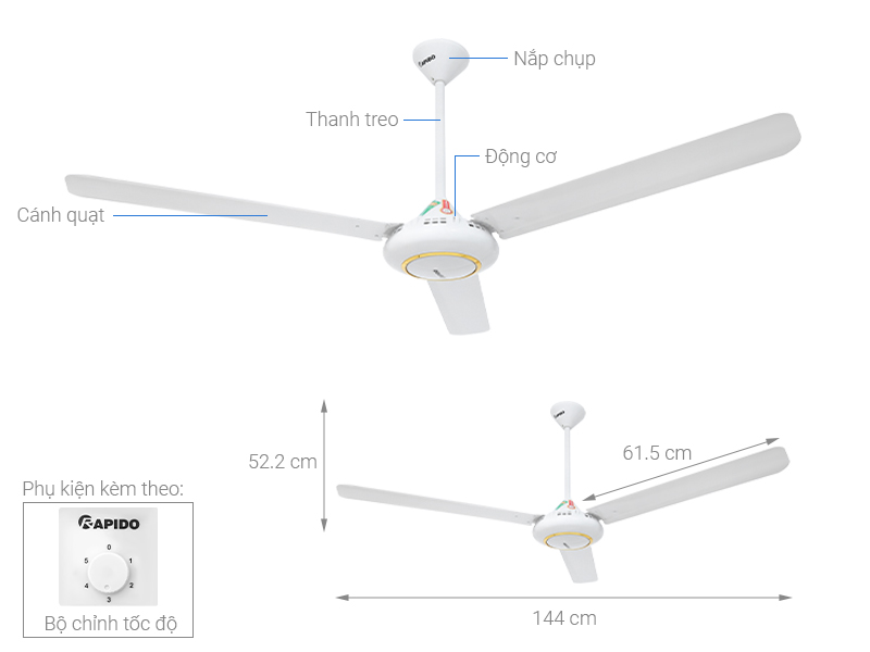 Quạt trần Rapido 3 cánh RCF-3W 80W