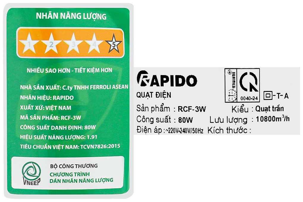 Quạt trần Rapido 3 cánh RCF-3W 80W Màu Trắng