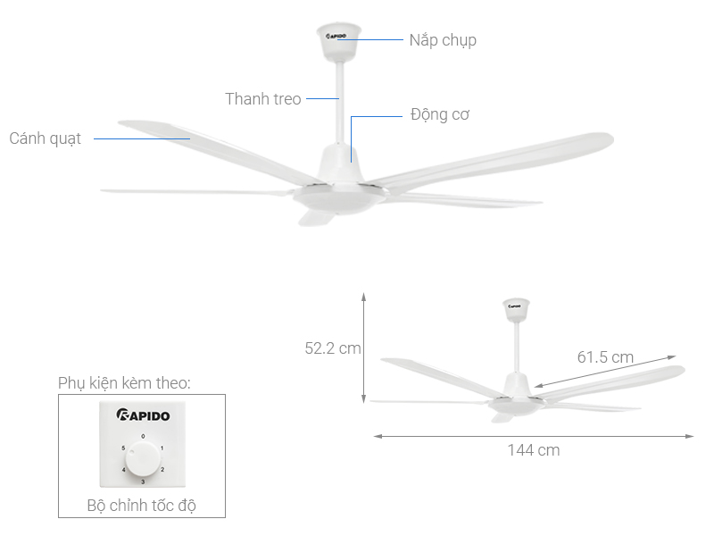 Quạt trần Rapido 5 cánh RCF-5W 100W