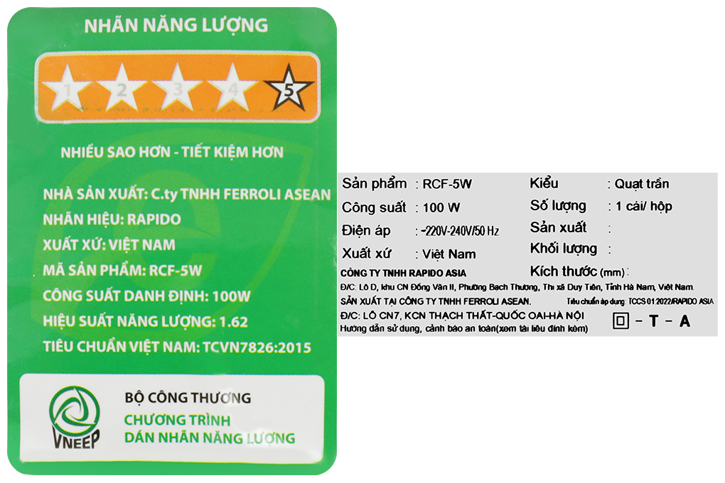 Quạt trần Rapido 5 cánh RCF-5W 100W Màu Trắng