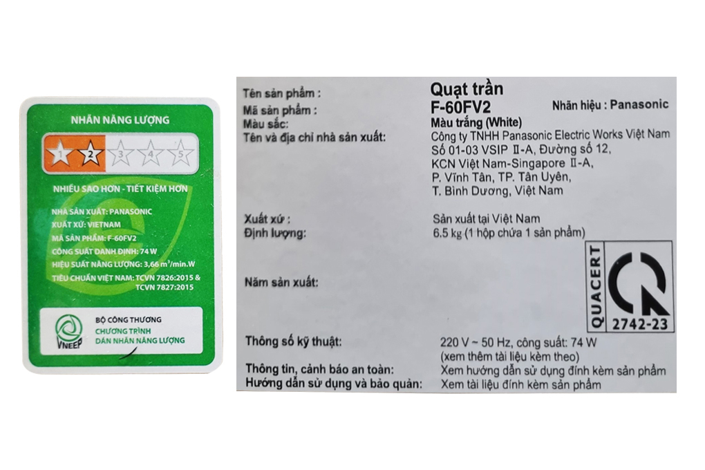Quạt trần Panasonic 3 cánh F-60FV2-S 74W Màu Trắng