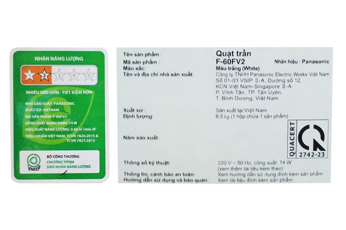 Quạt trần Panasonic 3 cánh F-60FV2-L 74W Màu Trắng