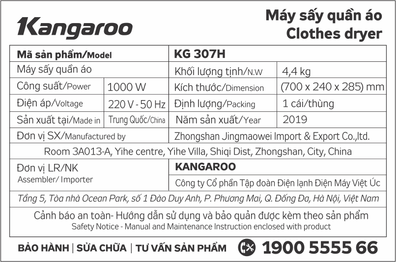 Tủ sấy quần áo Kangaroo 15 kg KG307H Màu Xanh