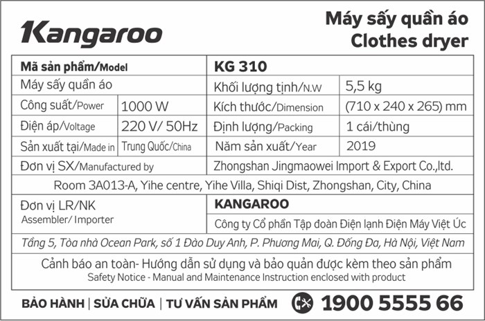 Tủ sấy quần áo Kangaroo 15 kg KG310 Màu Trắng - Xanh