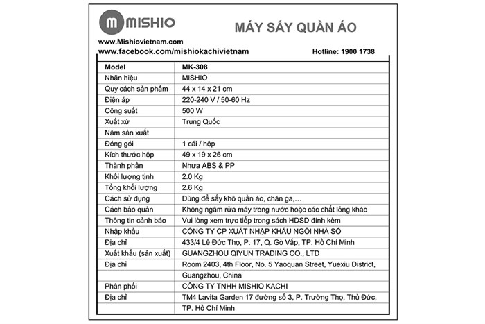 Máy sấy quần áo đa năng Mishio 1 - 10 bộ MK308 Màu Trắng