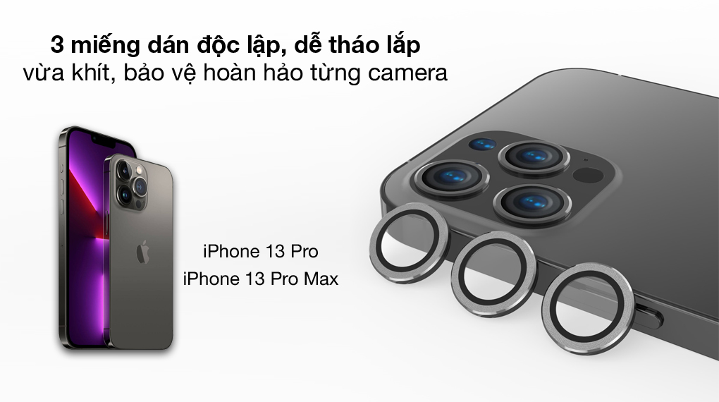3 miếng dán độc lập - Miếng dán kính camera iPhone 13 Pro/13 Pro Max Mipow Đen