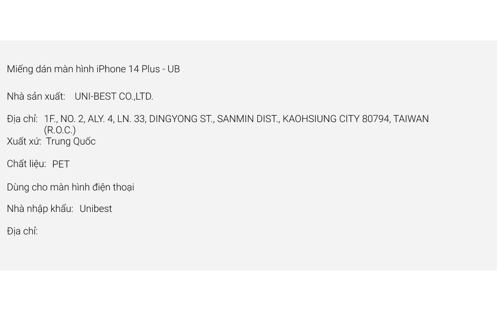 Miếng dán màn hình iPhone 14 Plus - UB Màu Trắng