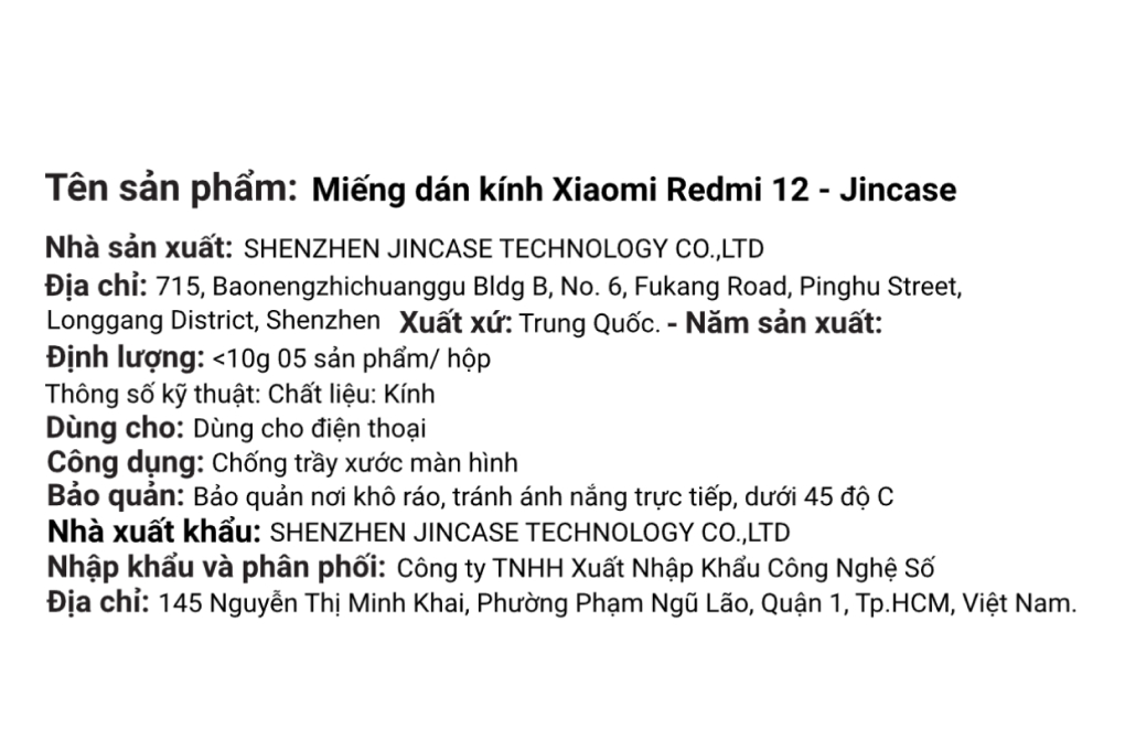 Miếng dán kính Xiaomi Redmi 12 - Jincase Màu Trắng