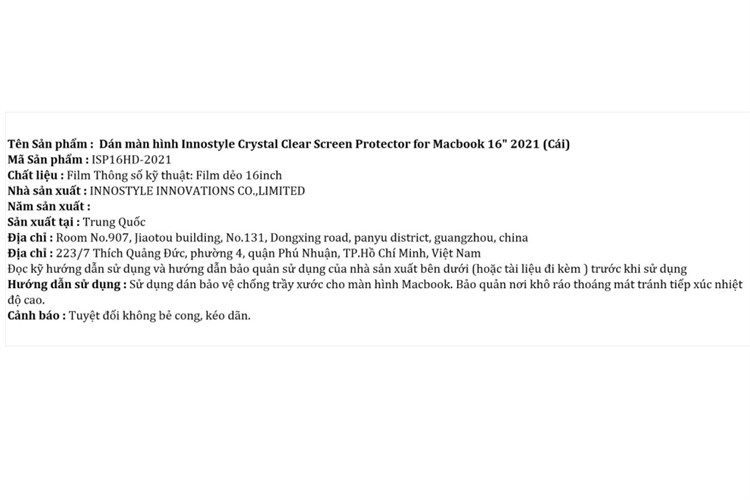 Miếng dán màn hình Macbook M1/M2/M3/M4/M5 16 inch 2021 - Innostyle Màu Trắng