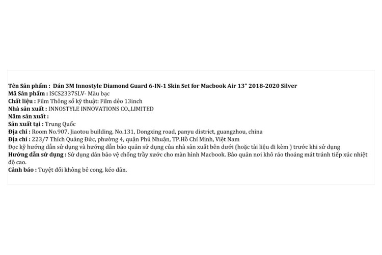 Bộ dán Macbook Air 2018-2020 13 inch 6 IN 1 ISCS2337 Màu Bạc