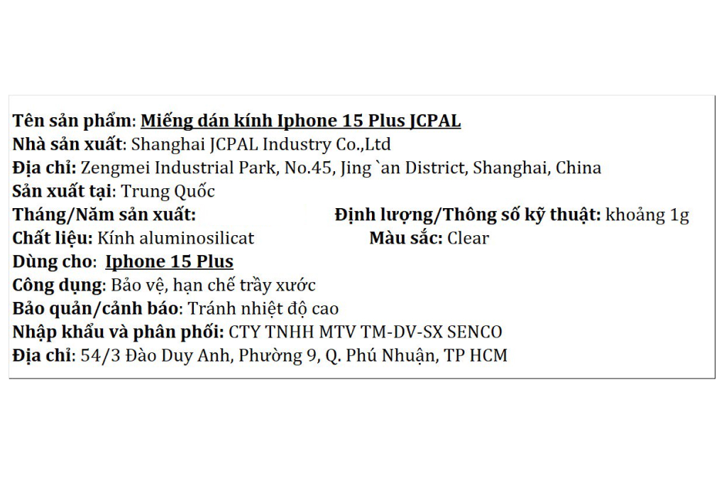 Miếng dán kính cường lực iPhone 15 Plus JCPAL Màu Trắng