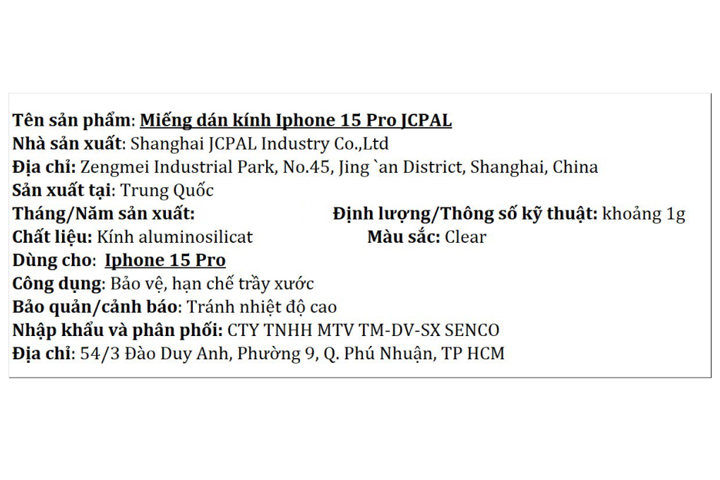 Miếng dán kính cường lực iPhone 15 Pro JCPAL Màu Trắng