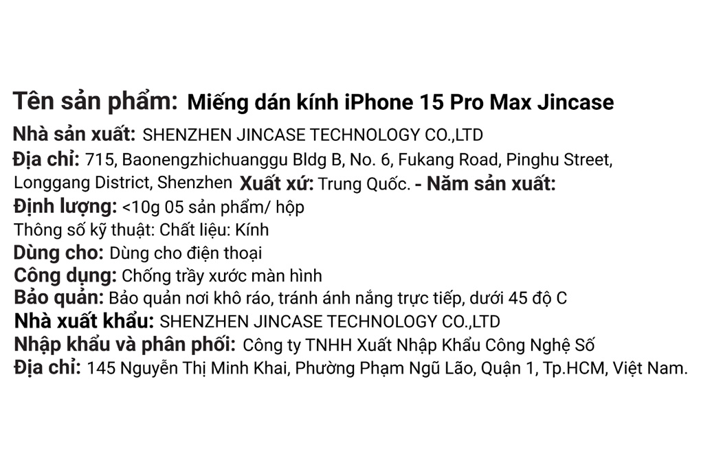 Miếng dán kính cường lực iPhone 15 Pro Max Jincase Màu Trắng