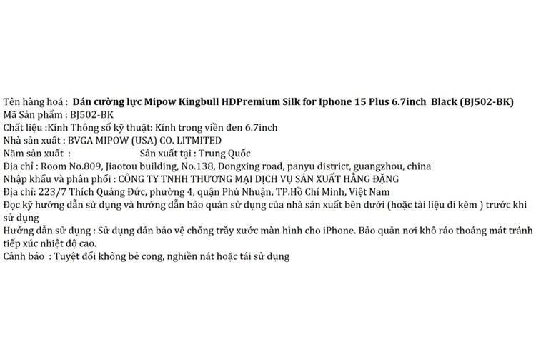 Miếng dán kính cường lực iPhone 15 Plus Mipow BJ502 Màu Đen