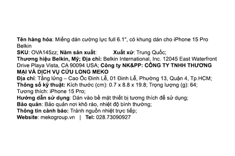 Miếng dán kính cường lực iPhone 15 Pro Belkin Màu Trắng