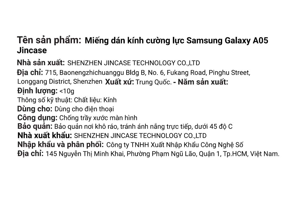 Miếng dán kính Samsung Galaxy A05/A06/Redmi 13C cường lực Jincase Màu Trắng