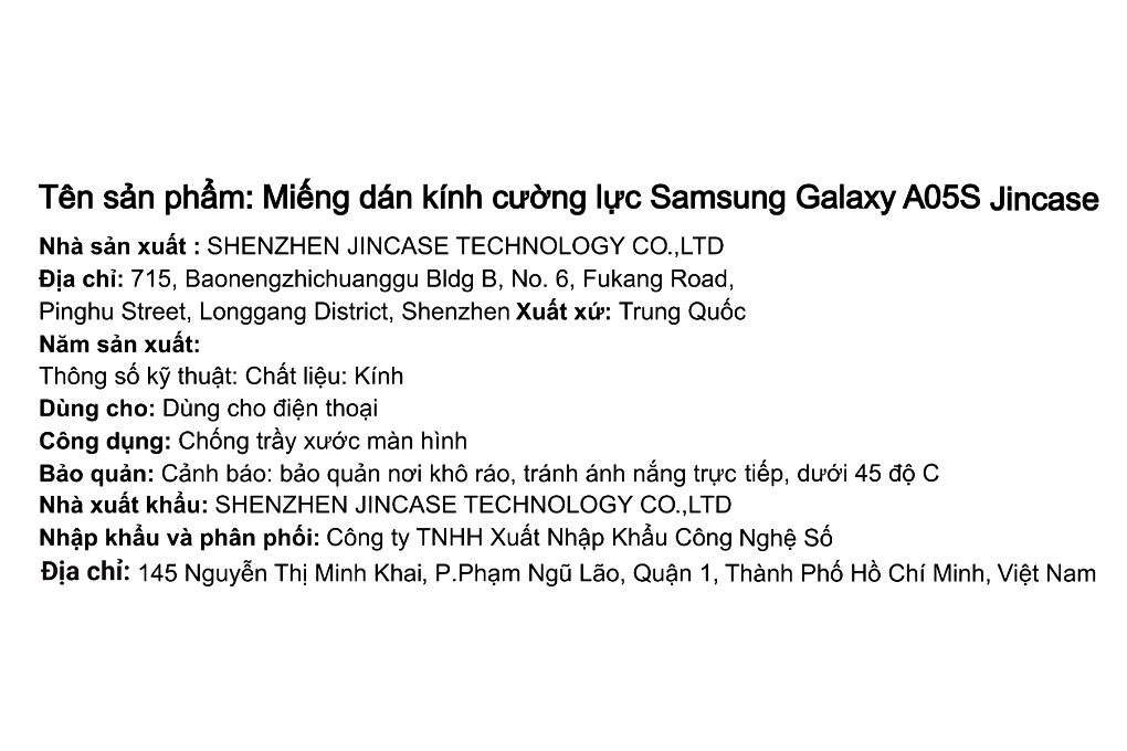 Miếng dán kính cường lực Samsung Galaxy A05s Jincase Màu Trắng