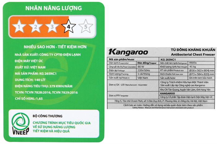 Tủ đông Kangaroo 140 lít KG 265NC1 Màu Trắng