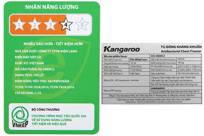 Tủ đông Kangaroo 192 lít KG 266NC2 Màu Trắng