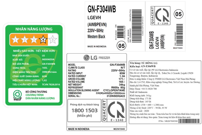 Tủ đông LG Inverter 165 lít GN-F304WB Màu Đen