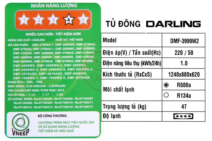 Tủ đông Darling 260 lít DMF-3999 W2 Màu Trắng