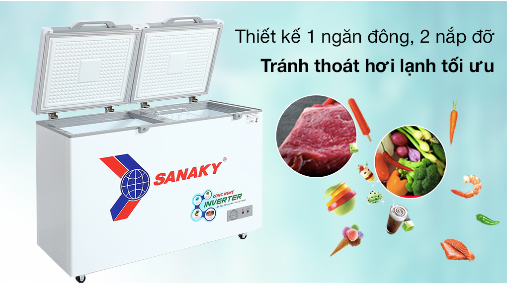 Tiện lợi, dễ sử dụng nhờ thiết kế 1 ngăn, 2 nắp đỡ-Tủ đông Sanaky Inverter 270 lít TD.VH3699A4K
