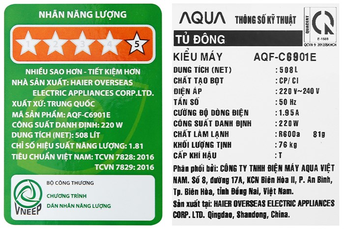Tủ đông Aqua Inverter 508 lít AQF-C6901E Màu Trắng