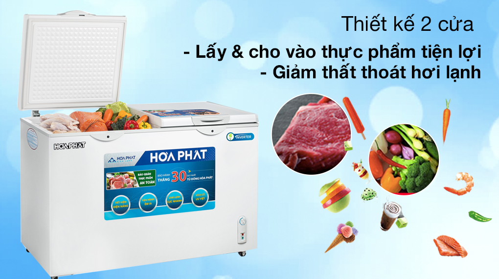 Tủ đông Hòa Phát HCFI 666S1Đ2 -Lấy - cho vào thực phẩm tiện lợi, giảm thất thoát hơi lạnh với kiểu thiết kế 2 cánh cửa