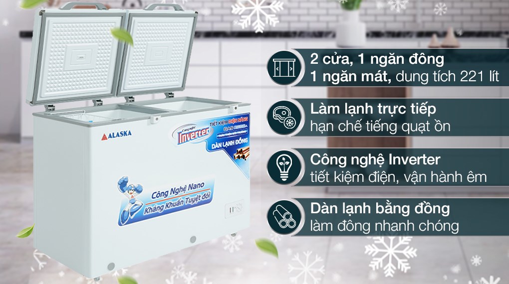 Tủ đông Alaska Inverter sử dụng công nghệ hiện đại nhất để giữ cho thực phẩm của bạn tươi mới và giữ nguyên độ ẩm. Với tính năng tiết kiệm điện năng cùng thiết kế thông minh, tủ đông Alaska Inverter là sự lựa chọn tuyệt vời cho mọi gia đình. Xem những hình ảnh của chúng tôi để hiểu rõ hơn về tính năng và hiệu suất của sản phẩm này.