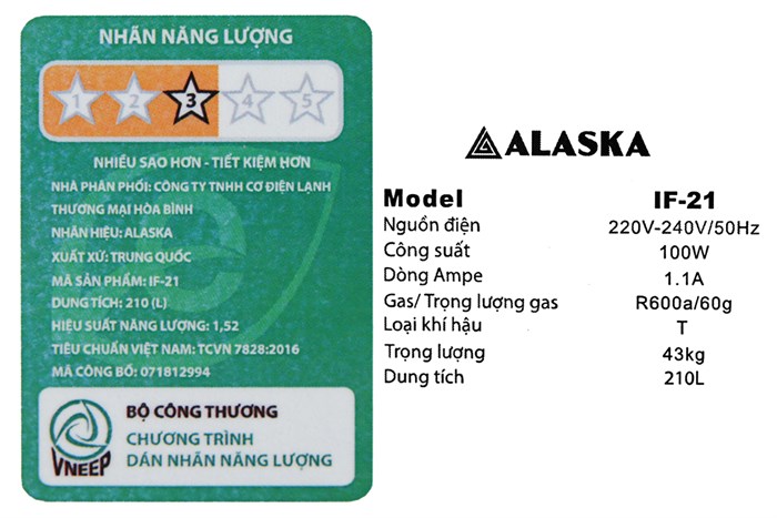 Tủ đông Alaska 210 lít IF 21 Màu Trắng