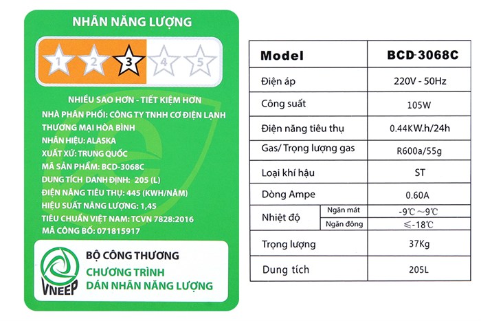 Tủ đông Alaska 205 lít BCD 3068C Màu Trắng