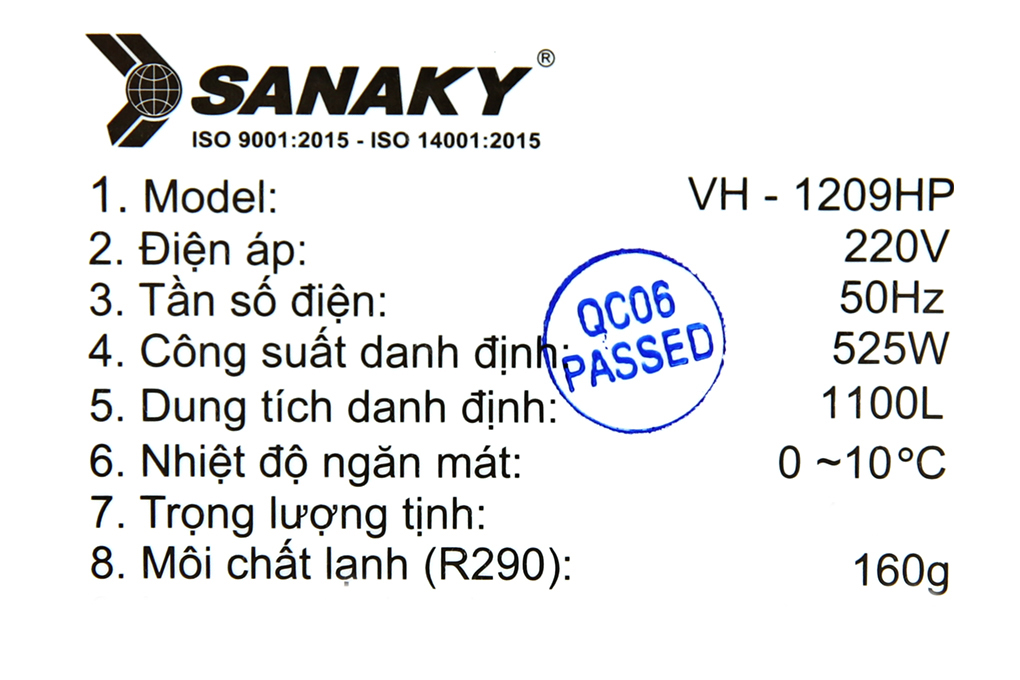 Tủ mát 2 cánh Sanaky 1100 lít VH-1209HP Màu Trắng