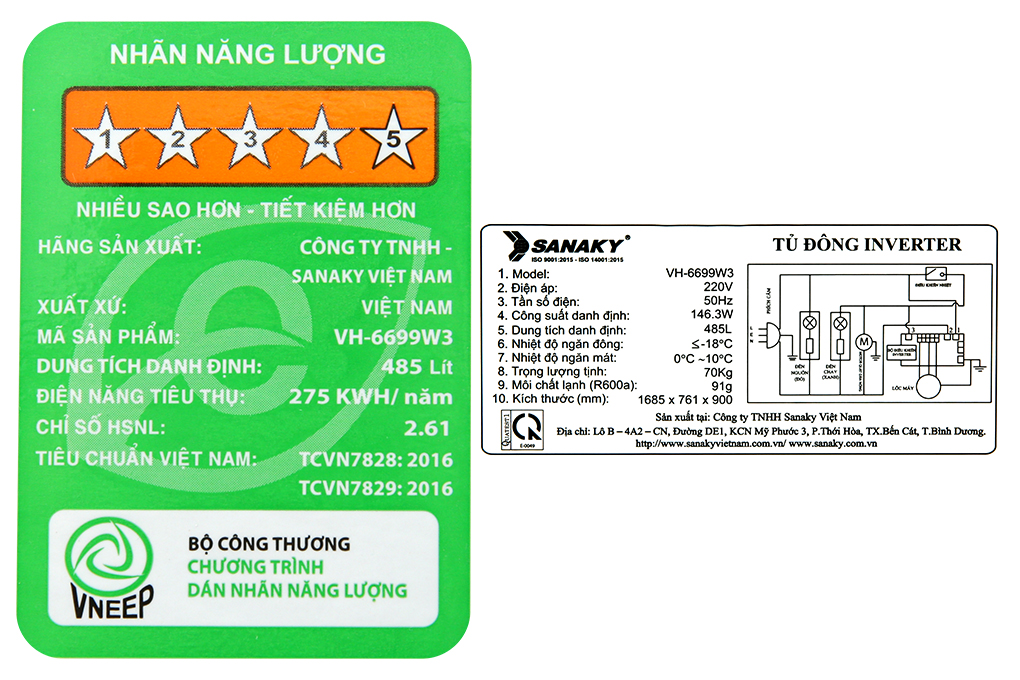 Tủ đông Sanaky Inverter 485 lít VH-6699W3 Màu Trắng