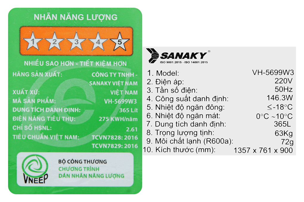 Tủ đông Sanaky Inverter 365 Lít VH-5699W3 Màu Trắng