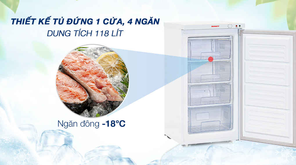 Tủ đông Sanaky 118 lít TD.VH160VD - Thiết kế 1 cửa, 4 ngăn đông