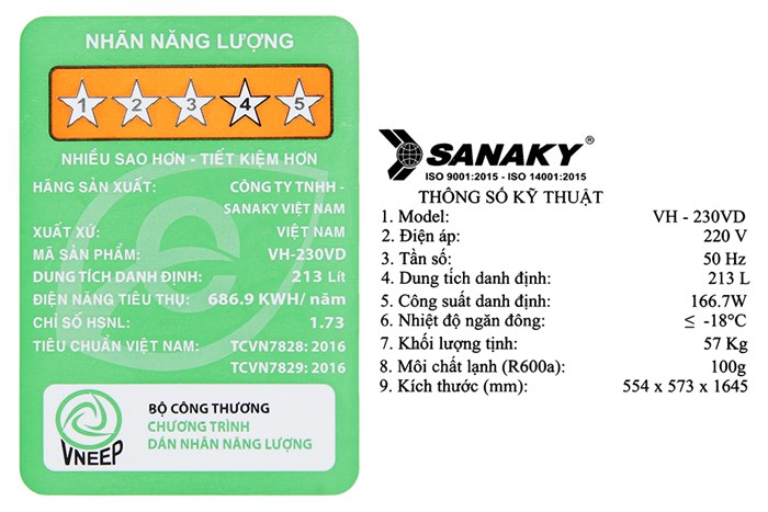 Tủ đông Sanaky 213 lít TD.VH230VD Màu Trắng