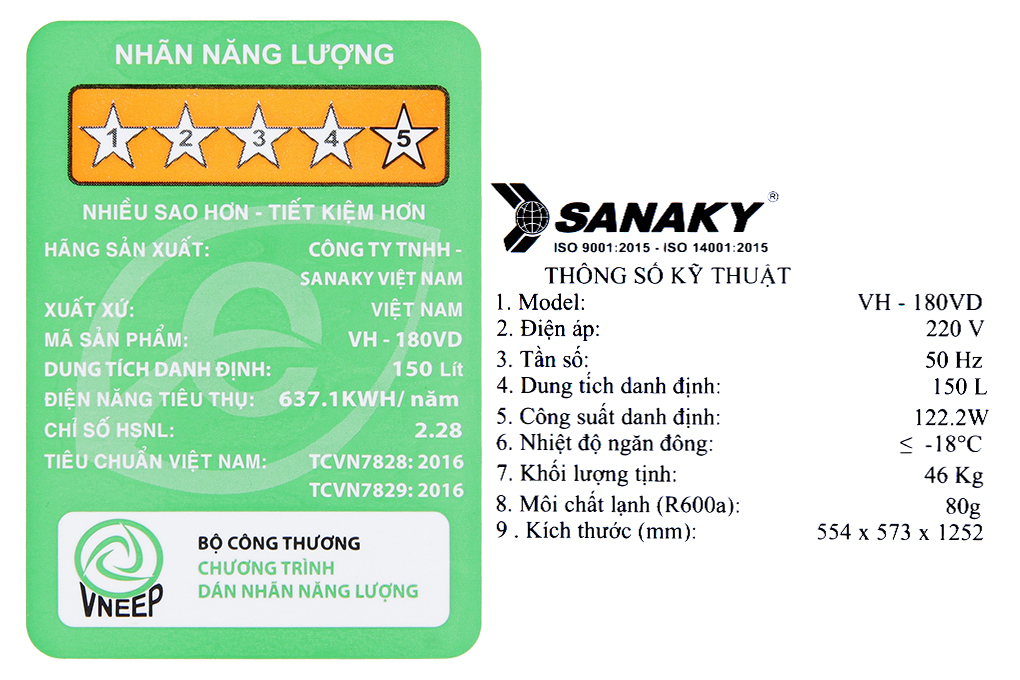 Tủ đông Sanaky 150 lít TD.VH180VD Màu Trắng
