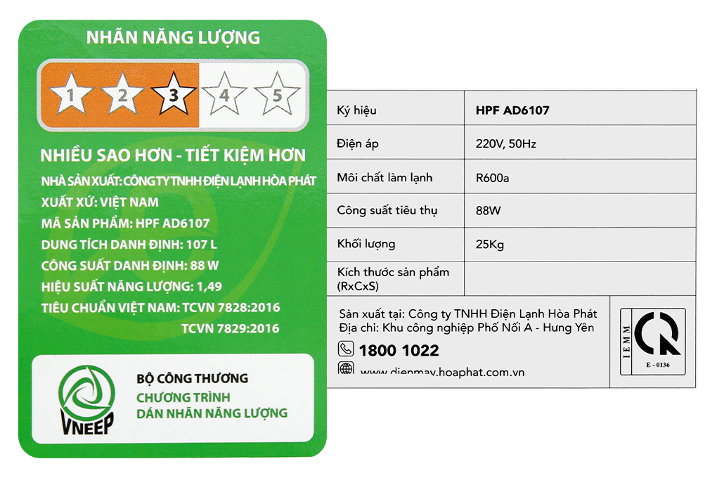 Tủ đông Hòa Phát 107 Lít HPF AD6107 Màu Trắng