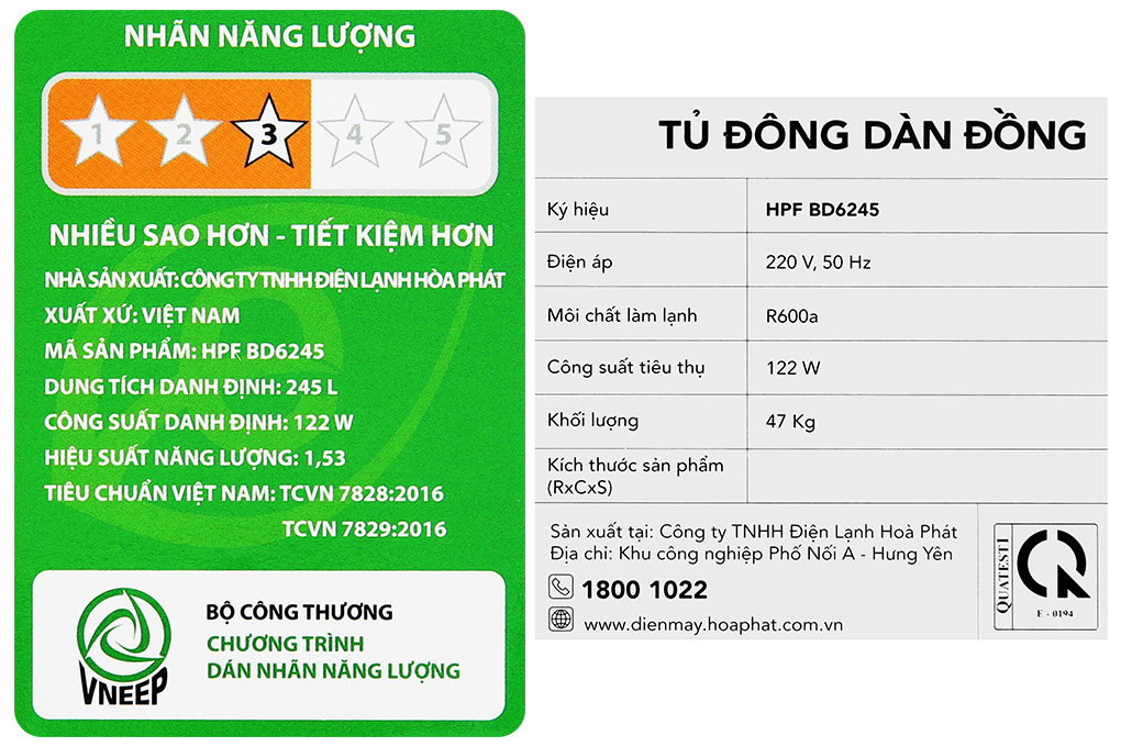 Tủ đông Hòa Phát 245 Lít HPF BD6245 Màu Trắng