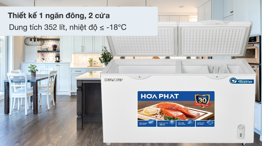 Tủ đông Hòa Phát Inverter 352 Lít HPF AD8352 - Thiết kế 1 ngăn đông, 2 cửa, dung tích 352 lít, nhiệt độ dưới -18 độ C 